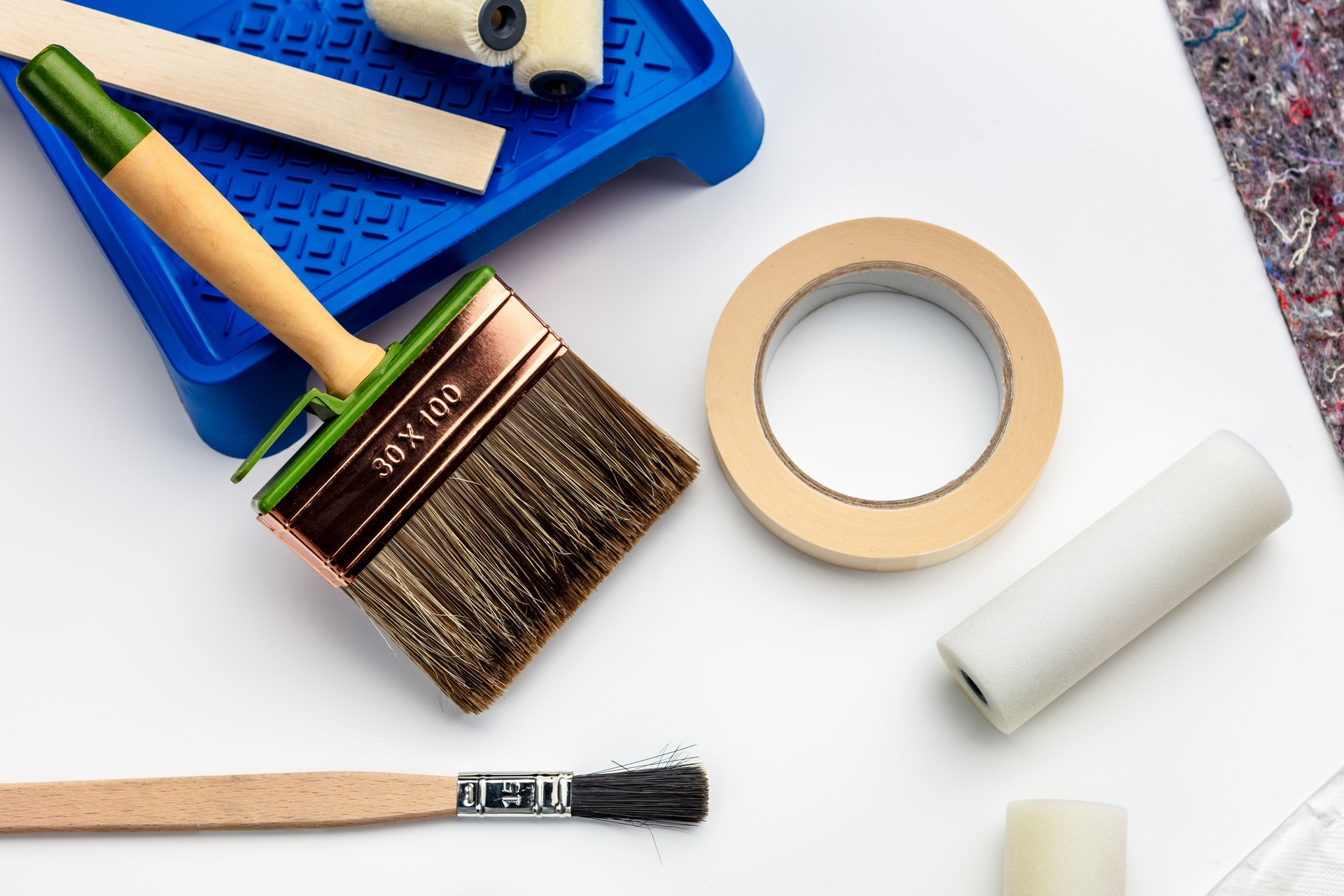 paint brush and supplies or tool of Painter for diy renovating on white background